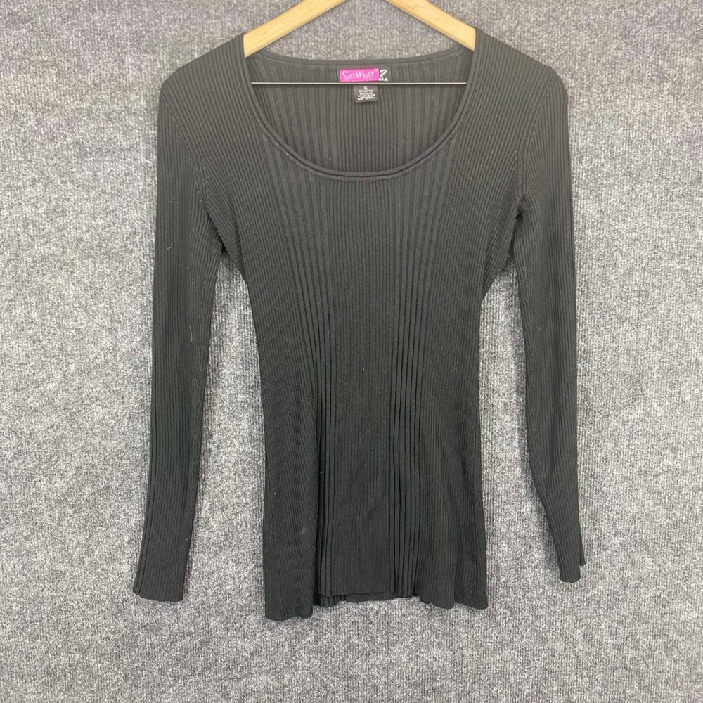 Say What? Womens XL Black Ribbed Knit Scoop Neck Long Sleeve Top Slim Fit Basic